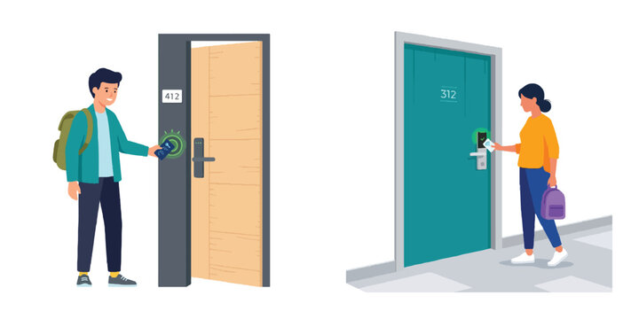 A simple flat vector of a guest using a digital key card to open a modern hotel room door. Minimalist, no outline, bright contemporary colors, plain white background.
