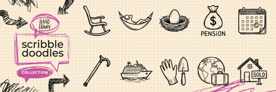 Hand drawn doodle vector set of online shopping ecommerce store bag cart market and retail purchase