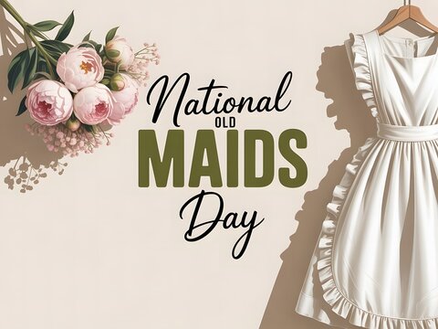 National old maids day celebration with a vintage apron and a bouquet of pink peonies