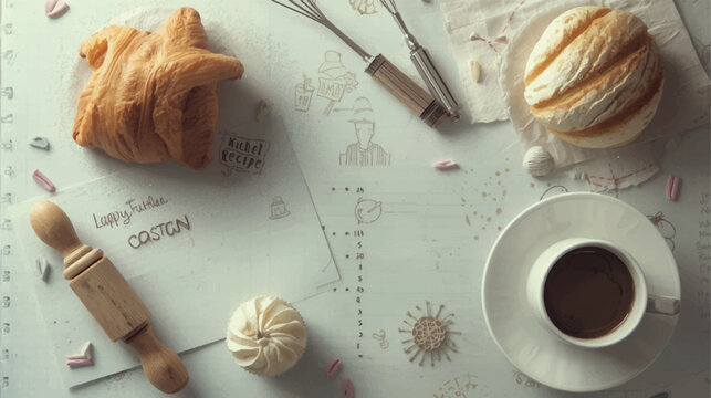 Realistic styled flat lay photography-inspired illustration of a bakery scene