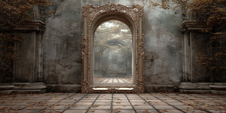 Empty ornamental frame outdoors with aged wall and arched pavement ground
