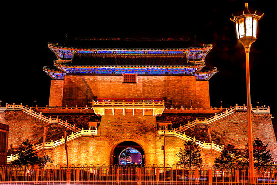 Zhengyang Gate with Streetlight Tiananmen Square Beijing China Night