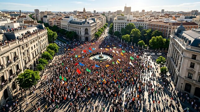 Aerial view of a massive crowd celebrating in a historic city square