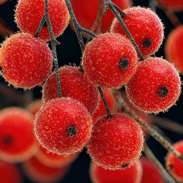 Macro photograph of a dense cluster of erythrocytes under a scanning electron microscope showing vibrant scarlet color and velvety surface texture.