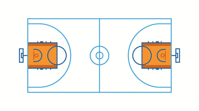 A detailed illustration of a basketball court with hoops and markings