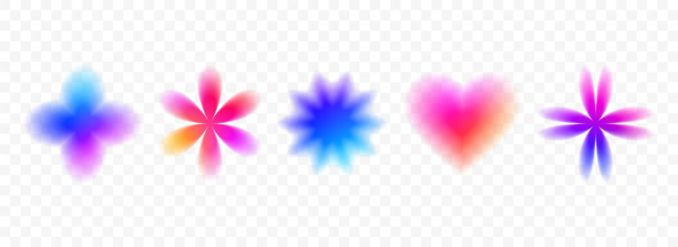 Colorful blurred gradient flowers set. Bright blurry aura shape collection. Fading abstract trend Y2k elements for poster, template, badge, sticker, collage, logo. Vector iridescent smooth flower pack