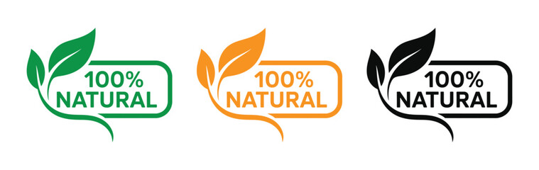 Obraz premium 100 percent natural icon set with leaf and speech bubble in green orange black vector illustration