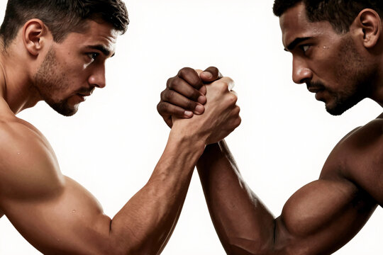 Two muscular men grip fists, eyes locked in fierce competition.
