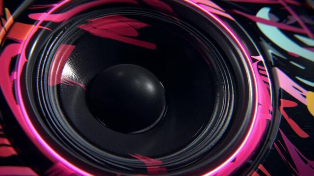Close-up view of a vibrant speaker cone with colorful neon lighting.