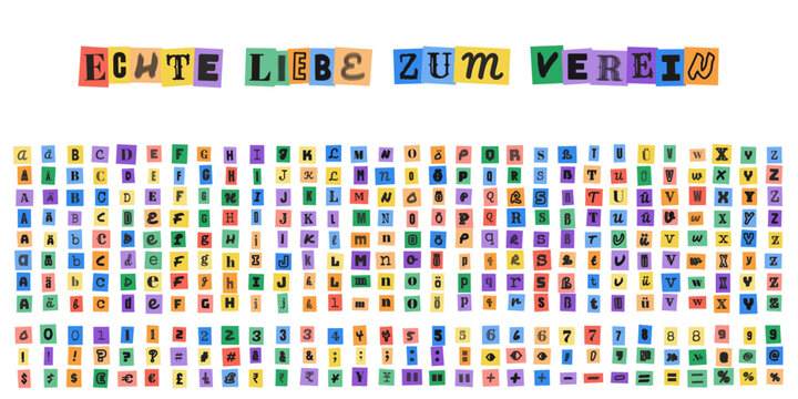 Echte Liebe zum Verein, ransom note alphabet, colorful paper collage letters, typography set for creative design projects, ransom style font