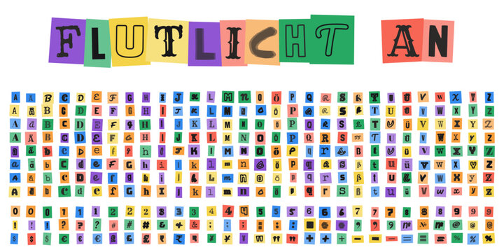 FLUTLICHT AN Erpresserbrief Alphabet Set mit Buchstaben Zahlen und Symbolen im ausgeschnittenen Zeitungsstil fuer kreative Designs
