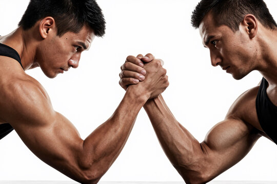 Two muscular men grip fists, eyes locked in fierce competition.