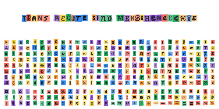 TRANS RECHTE SIND MENSCHENRECHTE, Ransom Note Alphabet Set, bunte Buchstaben Collage fuer Protest Plakate und Aktivismus Design