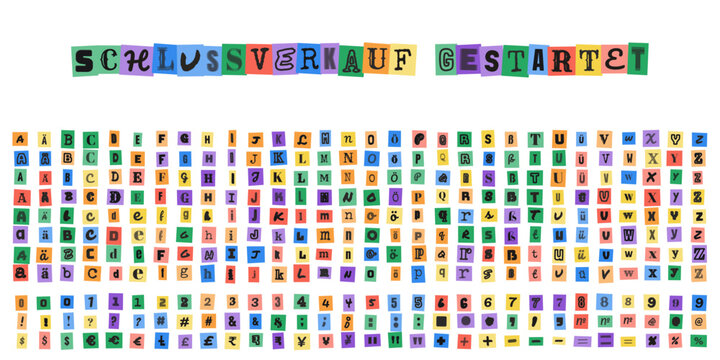 SCHLUSSVERKAUF GESTARTET, ausgeschnittene Buchstaben und Zahlen im Erpresserbrief Stil, Collage Alphabet Set f&uuml;r kreative Designs und Plakate