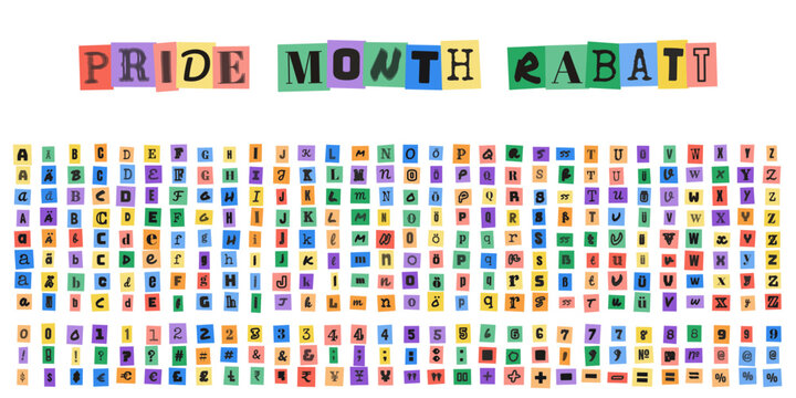 PRIDE MONTH RABATT, Regenbogen Buchstaben Collage, Bunte Erpresserbrief Schriftart, Alphabet Set fuer LGBTQ Design, Vektor Illustration fuer Pride Sale