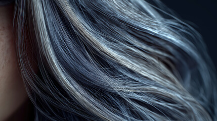 Naklejka premium Close Up View Of Long Silver Hair On Woman Wearing Dark Blue Outfit