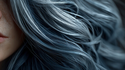 Naklejka premium Woman With Wavy Silver Hair Posing Side View In Blue Clothing