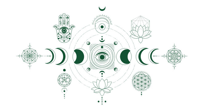 Esoteric Symbols, Mystical Eye, Moon Phases, Sacred Geometry, Lotus Flower