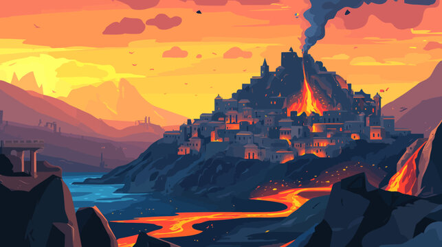 Volcano erupting with flowing lava illuminating a dark mountain town during sunset