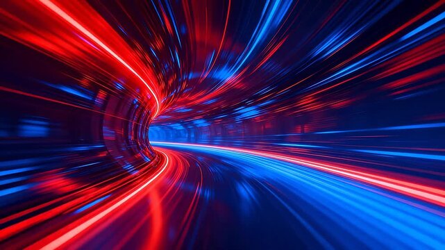Red and blue curved light tunnel with radial lines extending to distance creating high speed motion