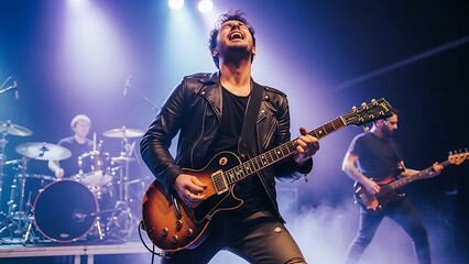 Obraz premium Passionate lead guitarist performing with a rock band on stage