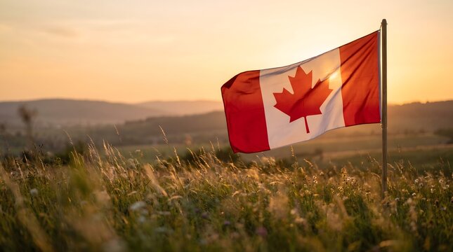 Canadian Flag Waving in Golden Sunset Meadow