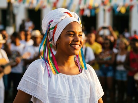 Retrato de uma brasileira com vestimenta inspirada na cultura baiana