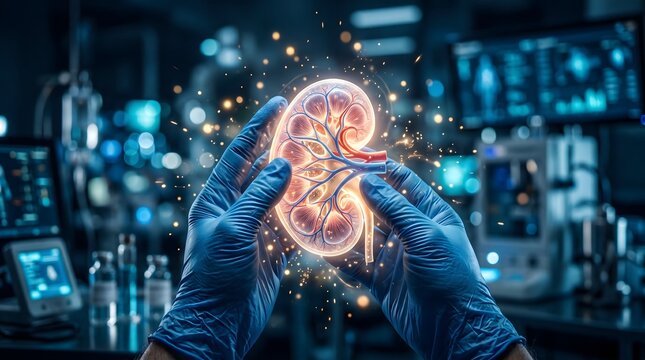 Futuristic kidney healthcare concept with glowing human kidney model in scientist hands, medical laboratory technology, organ transplant, nephrology research