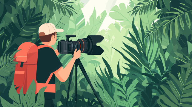 Person filming wildlife in dense jungle with professional camera
