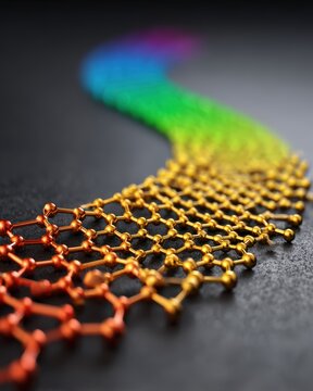 Hyper realistic macro texture of an iridescent graphene like surface featuring hexagonal nano patterns reflecting rainbow colors on metallic base.