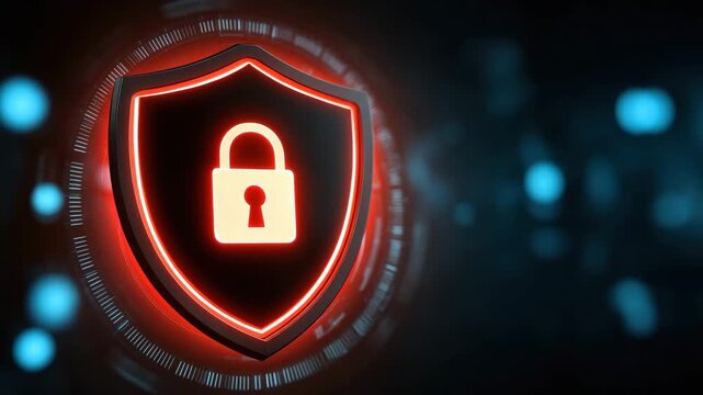 Shield lock cyber security data protection network security digital privacy access with encrypted protection for safe secure technology and glowing red icon interface