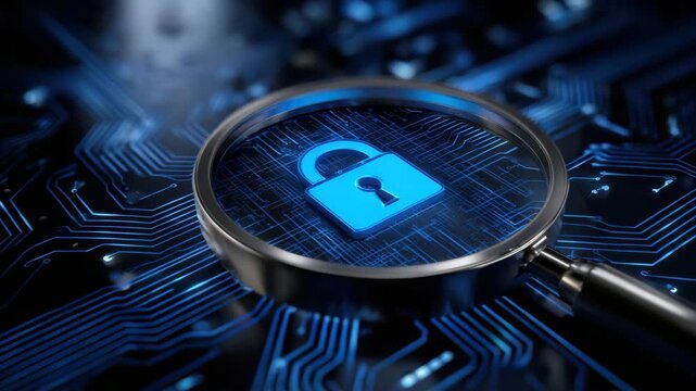 Cyber Security Lock Magnifier Circuit Blue Digital Data Protection Network Search Encryption Privacy Access Safety Technology Audit Scan Analysis Code System Online Internet Firewall Risk Secure