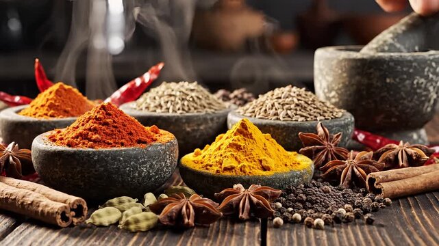 Assortment of colorful spices and herbs in rustic bowls on wooden table.
