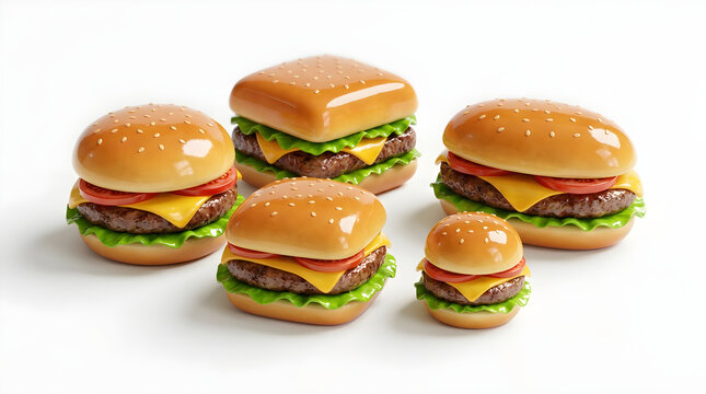 3D rendered cheeseburgers size comparison set realistic