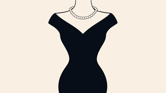 Simplified black silhouette of a woman's upper body wearing a dress, pearl necklace, and no visible face or lower body