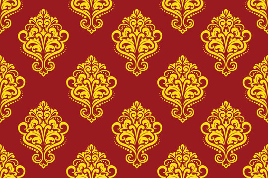 Luxury gold teardrop damask seamless pattern on red background. Vintage baroque ornament with dotted details vector illustration for elegant wallpaper, premium textile, and royal backdrop design.