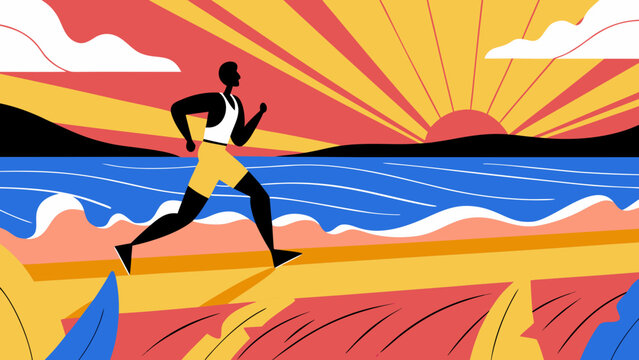 Silhouette illustration of a runner jogging along a beach at sunset, with vibrant colors depicting the sun, ocean waves, and sandy shore in the background