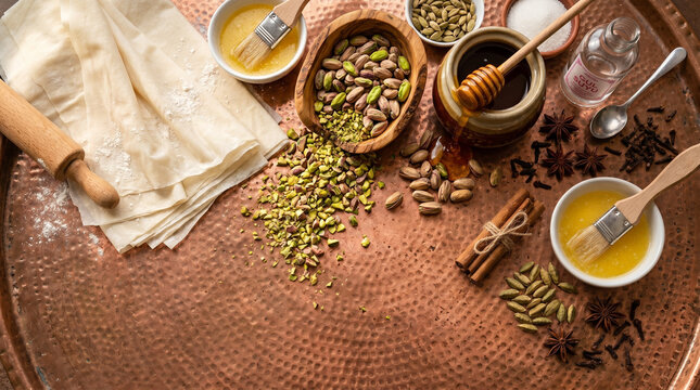 Flat lay of Baklava ingredients on hammered copper, copy space