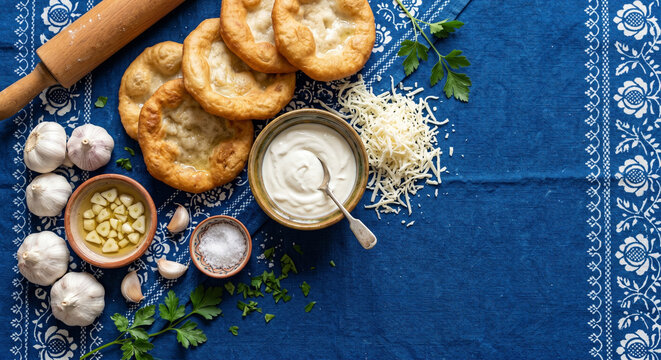 Flat lay of Langos ingredients on blue dye fabric, copy space