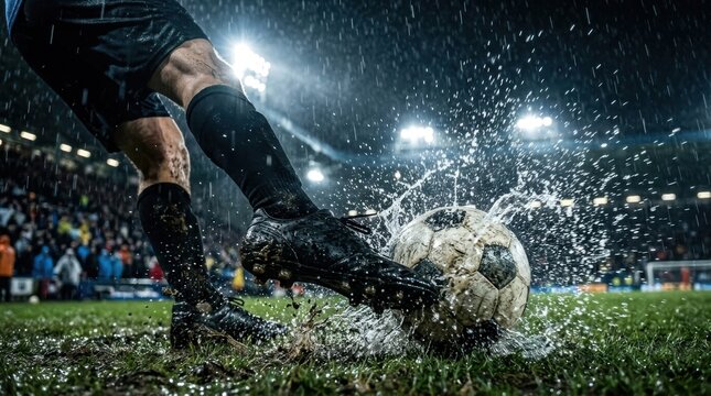 Intense moment on the soccer field as a player's boot strikes a muddy ball, creating a dramatic splash of water and mud during a competitive match in heavy rain under stadium lights