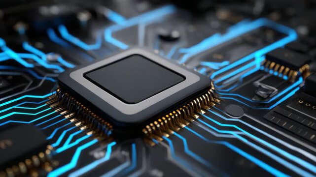 Microchip circuit motherboard processor semiconductor chip electronic technology digital glowing computer chip circuit board blue glow microchip processor electronic component technology close up