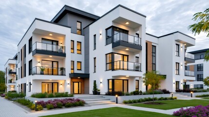 Obraz premium Modern apartment building exterior with balconies and landscaping