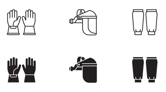 Set of personal protective equipment icons including gloves face shield leg guards with protection, equipment