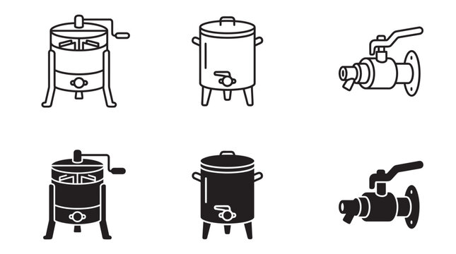 Collection of icons representing beekeeping equipment such as extractors boilers faucets with beekeeping