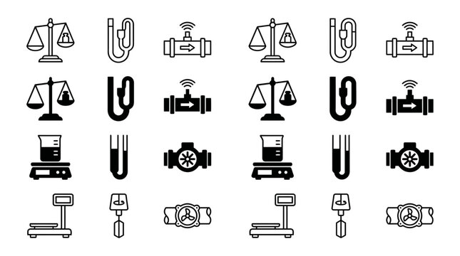 Scientific and industrial measurement icons set with balance scales manometers flow meters, scientific