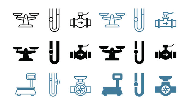 Laboratory and industrial measurement icons set with scales, manometers, and flow meters in various styles
