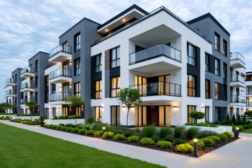 Obraz premium Modern apartment building complex at dusk