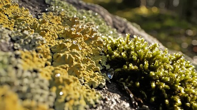 Closeup of moss and lichen growing on a rock in a forest.