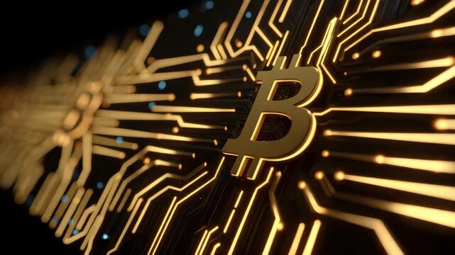 Digital Currency Bitcoin Symbol Glowing Circuit Board Crypto Technology Network Finance Blockchain Investment Concept with Golden Digital Line Pattern and Futuristic Dark Background