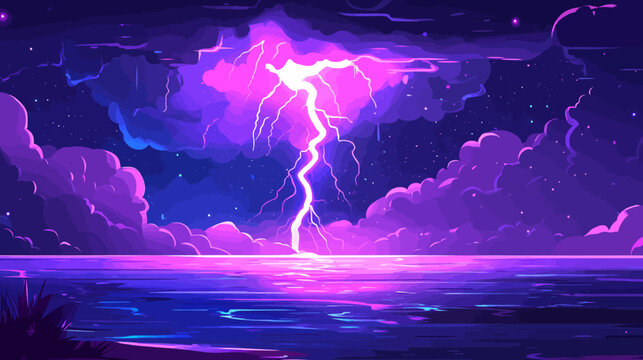 Vibrant lightning storm over calm ocean under starry night sky